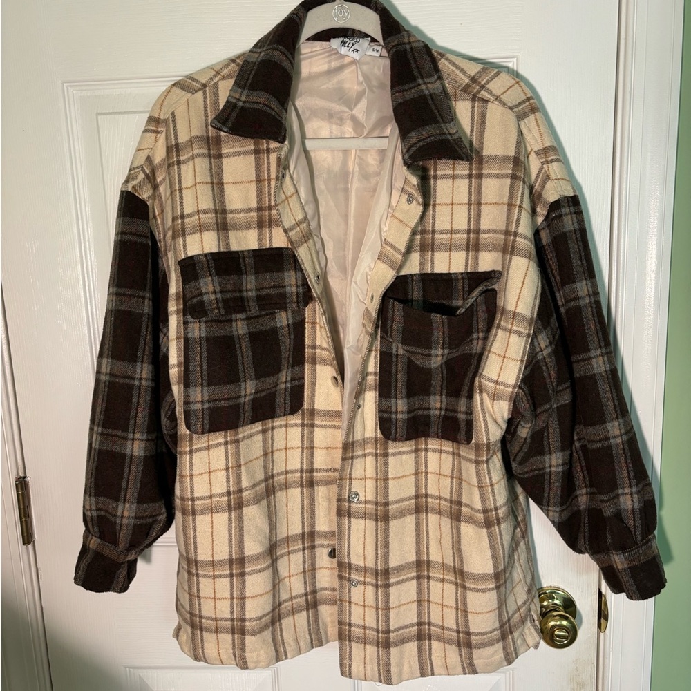 Princess Polly Cream and Brown Plaid Utility Shacket